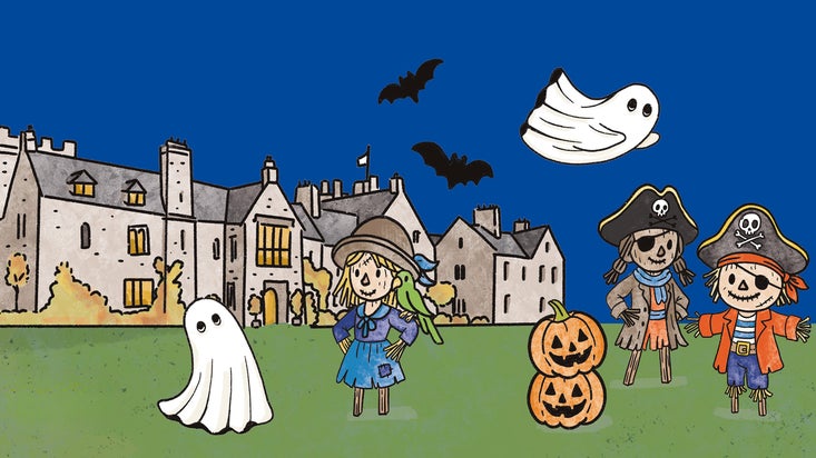 Illustration of scarecrows and a ghost infront of Cotehele house